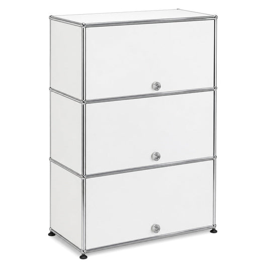 Weißes USM Haller Highboard mit drei Einschubtüren und verchromtem Stahlrohrrahmen, Maße 77x109x38 cm.
