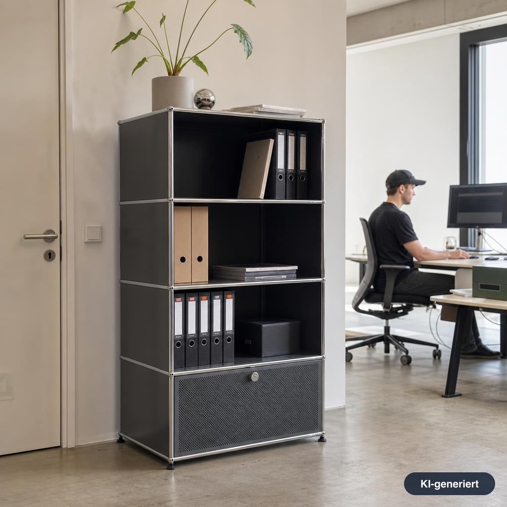 Mittelgraues USM Haller Highboard 1x4 mit perforiertem Schallschutz-Auszug und Aktenordnern in modernem Büro.