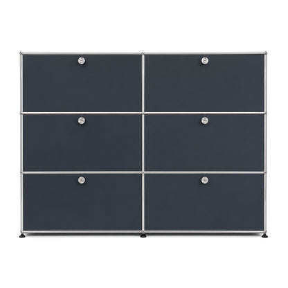 USM Haller Highboard 2x3 in Anthrazitgrau mit sechs Klappen und verchromtem Stahlrohrrahmen.