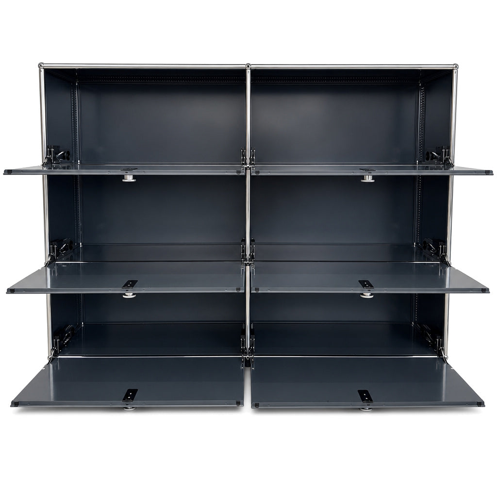 Anthrazitgraues USM Haller Highboard 2x3 mit sechs offenen Klappen und verchromtem Stahlrahmen.