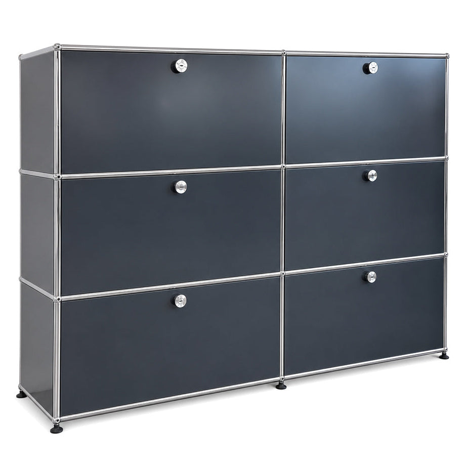 USM Haller Highboard 2x3 in Anthrazitgrau mit sechs Klappen und verchromtem Stahlrohrrahmen.