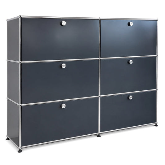 USM Haller Highboard 2x3 in Anthrazitgrau mit sechs Klappen und verchromtem Stahlrohrrahmen.