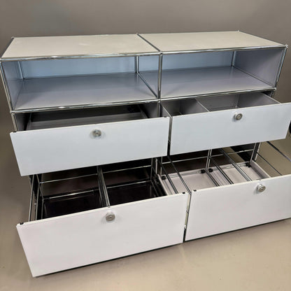 USM Haller Highboard 2x3 Fächer mattsilber mit 4 Auszügen und Rollen offen und geschlossen