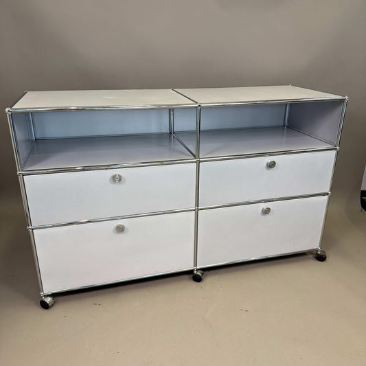 USM Haller Highboard 2x3 Fächer mattsilber mit 4 Auszügen auf Rollen, moderne modulare Stahlkonstruktion, Maße 153x93x53 cm