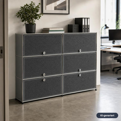 USM Haller Highboard 2x3 in Mittelgrau mit perforierten Fronten, Schallschutzelementen und verchromtem Stahlrahmen.
