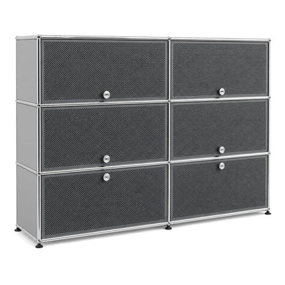 USM Haller Highboard 2x3 in Mittelgrau mit perforierten Schallschutz-Fronten, 152x109x38 cm.