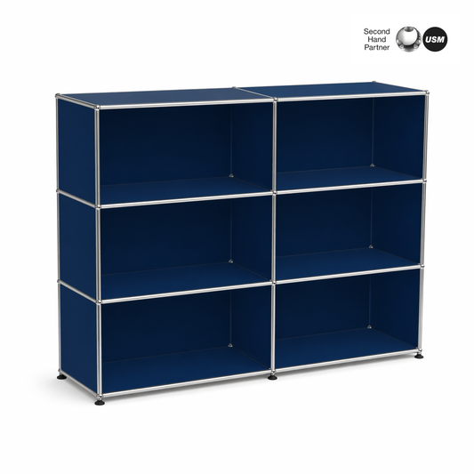 USM Haller Highboard 2x3 offen in stahlblau, modulares Regal mit sechs offenen Fächern und Chromrahmen.