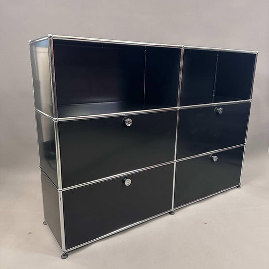 USM Haller Highboard 2x3 in Graphitschwarz mit 4 Softclose Klappen und Metallrahmen, modernes Design, 152x109x38 cm