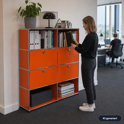 USM Haller Highboard 2x4 in Reinorange mit vier Klappen und perforierten Rückwänden in einem modernen Büro.