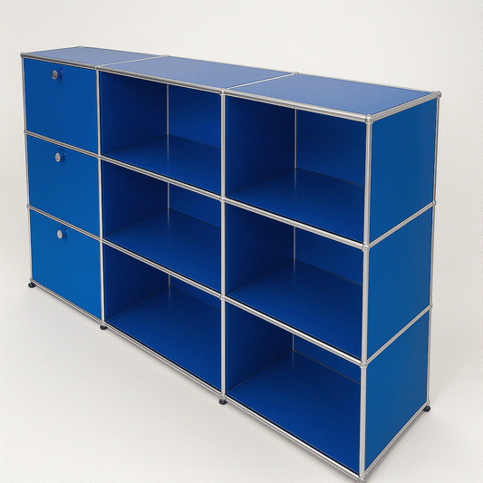 USM Haller Highboard 3x3 enzianblau mit 3 Auszügen und Fächern