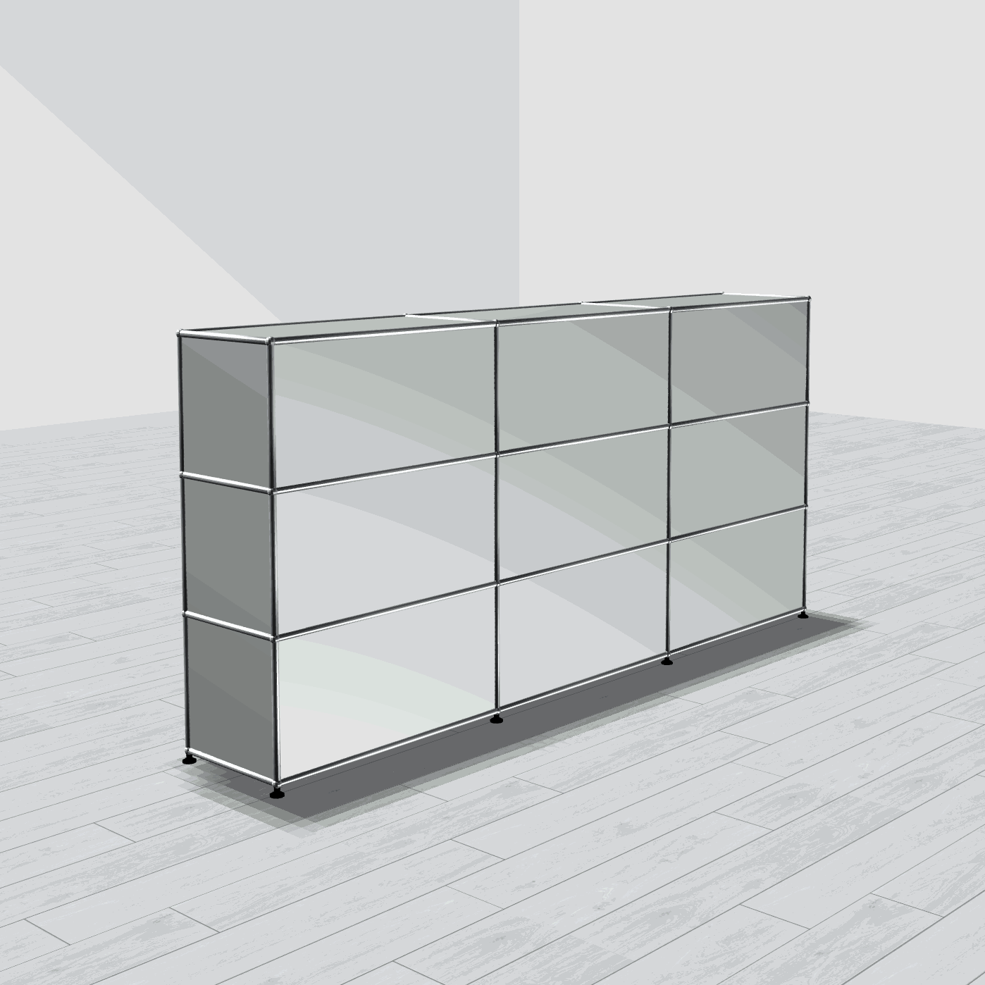 USM Haller Highboard 3x3 lichtgrau mit 6 Klappen und Fächern auf hellem Holzboden