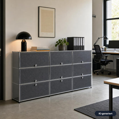 USM Haller Highboard 3x3 in Mittelgrau mit perforierten Fronten und Schallschutz-Elementen im modernen Büro.