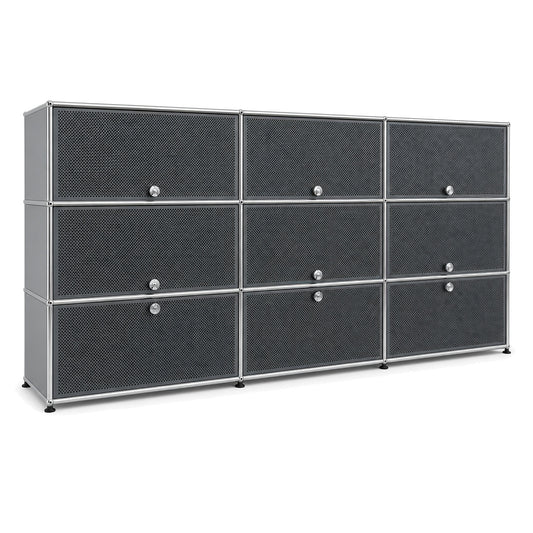 USM Haller Highboard 3x3 in Mittelgrau mit perforierten Schallschutz-Fronten und verchromtem Stahlrahmen.