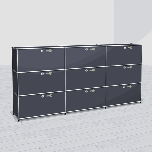 USM Haller Highboard anthracite 3x3 with 9 lockable compartments and metal frame on light wood floor
