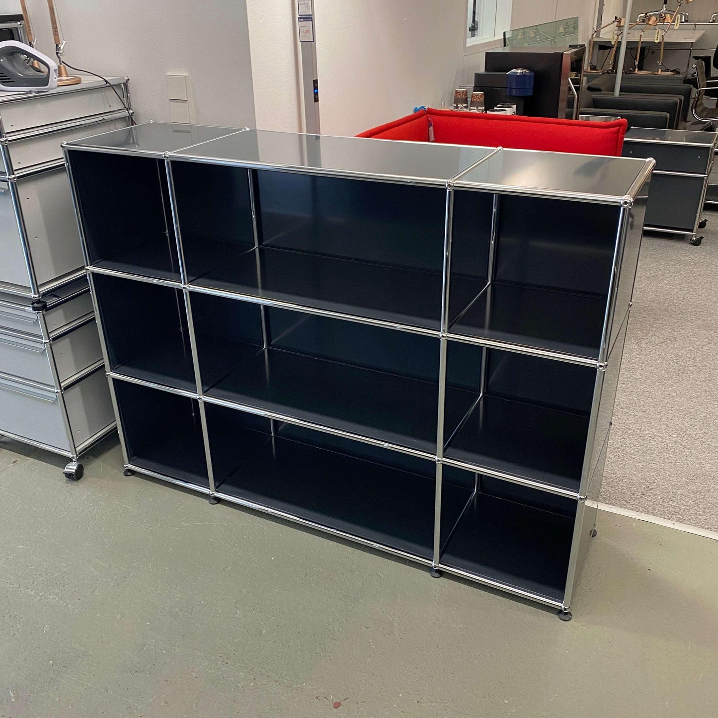 USM Haller Highboard anthracite with 3x3 open compartments, modern modular design bookshelf.