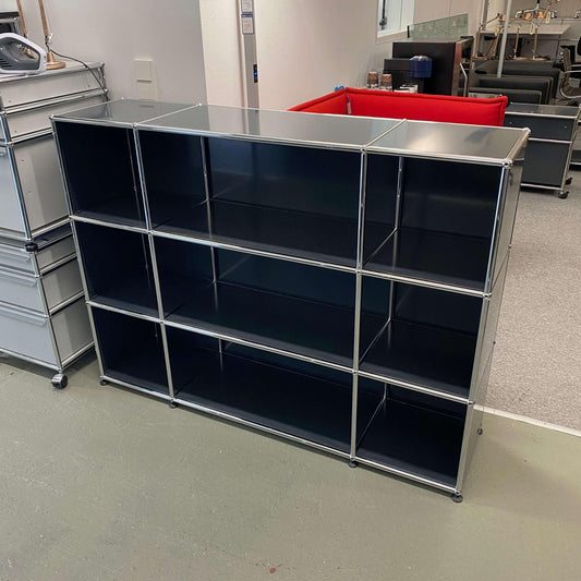 USM Haller Highboard anthracite with 3x3 open compartments, modern modular design bookshelf.