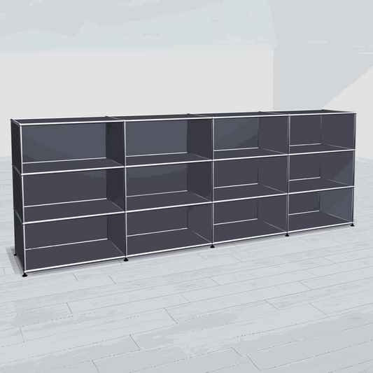 USM Haller Highboard anthracite with 4x3 open compartments and 50cm depth on wooden floor