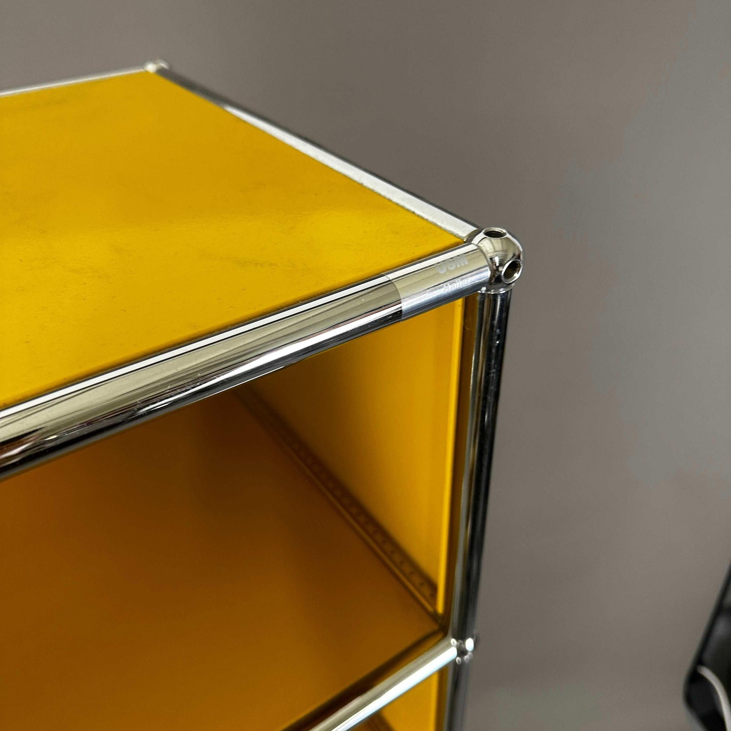USM Haller Highboard in gold yellow with chrome frame, 35cm depth, 3 compartments and 3 drop-down doors