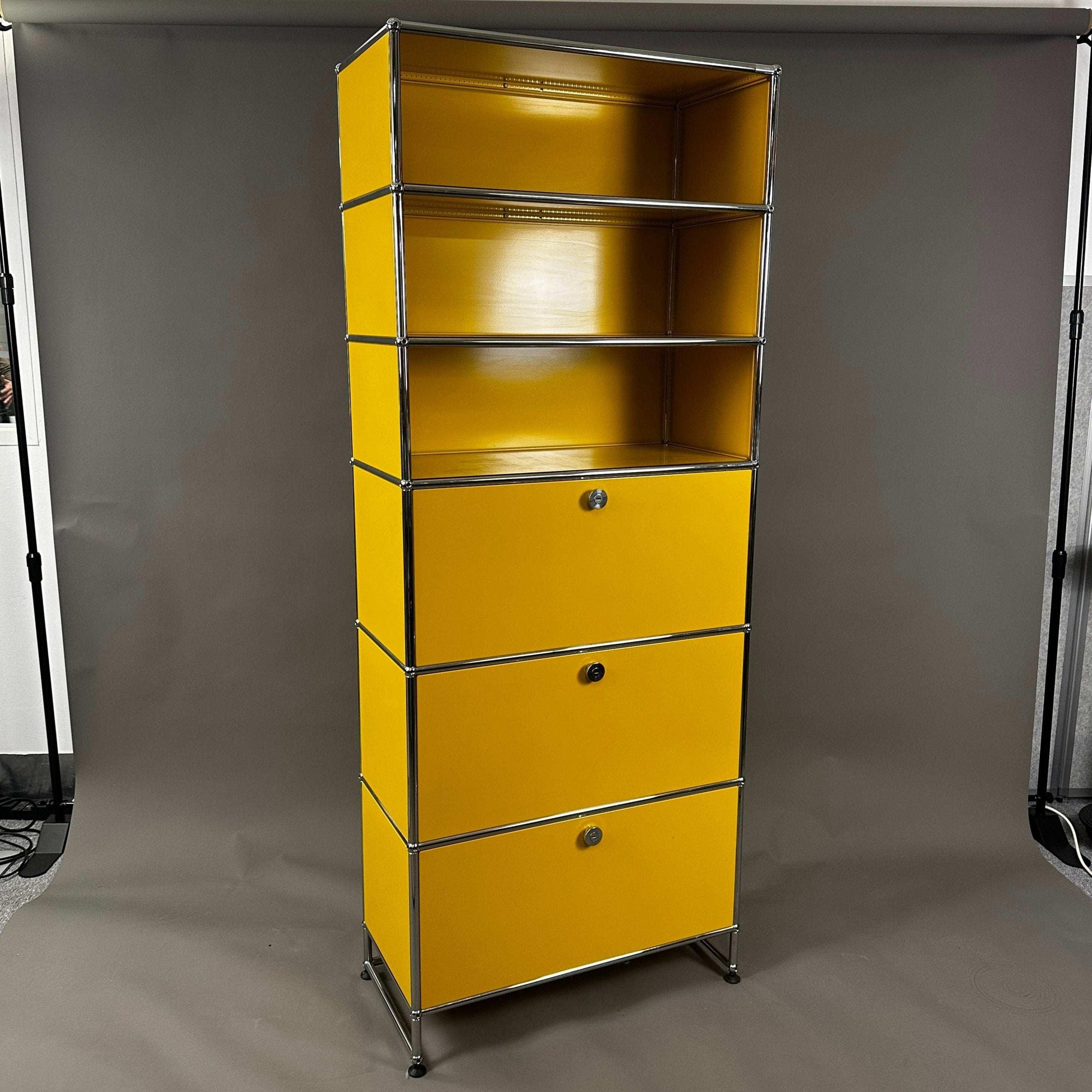 USM Haller Highboard in gold yellow with 3 open shelves and 3 flap compartments, 76x190x38cm