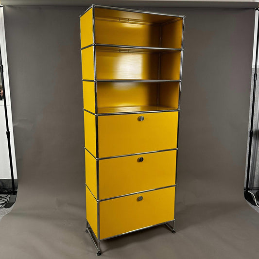 USM Haller Highboard in gold yellow with 3 open shelves and 3 flap compartments, 76x190x38cm