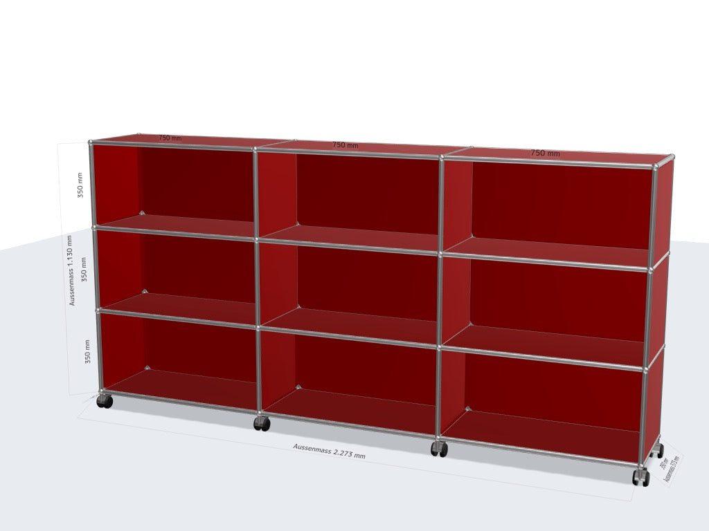 Red USM Haller Highboard with 9 open compartments, 227x113x52 cm, on lockable caster wheels