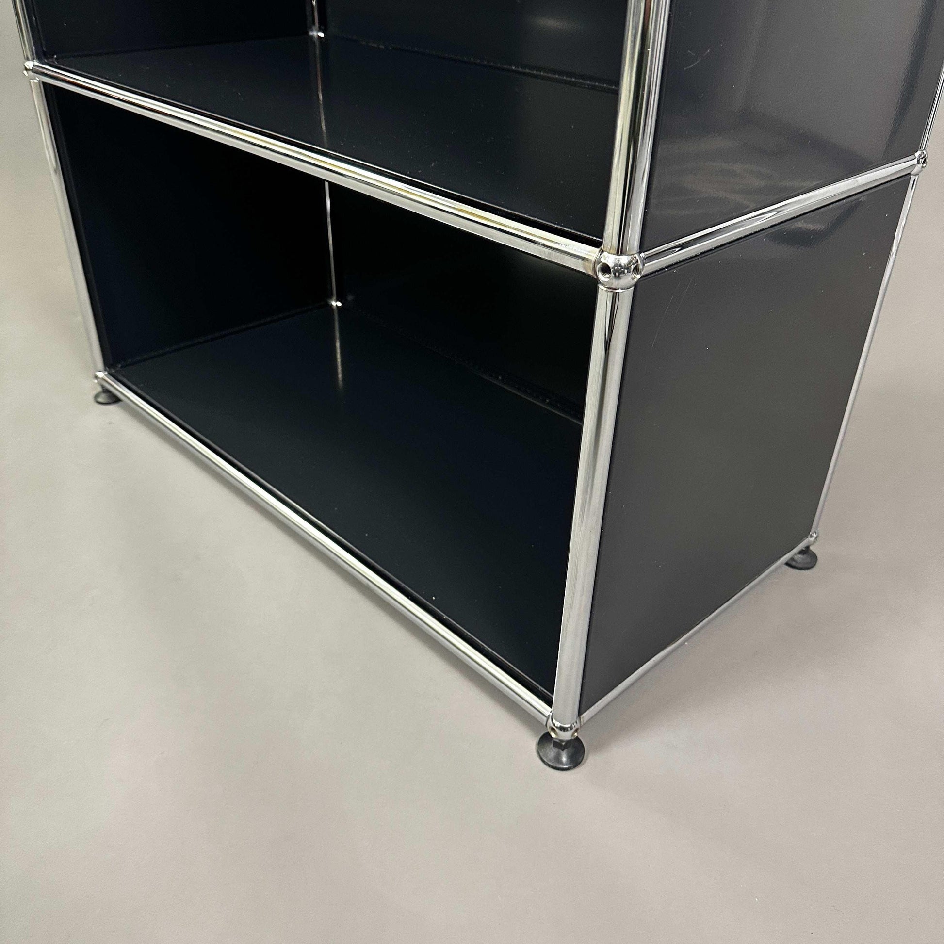 USM Haller Highboard in graphite black with 1x3 open shelves and chrome frame