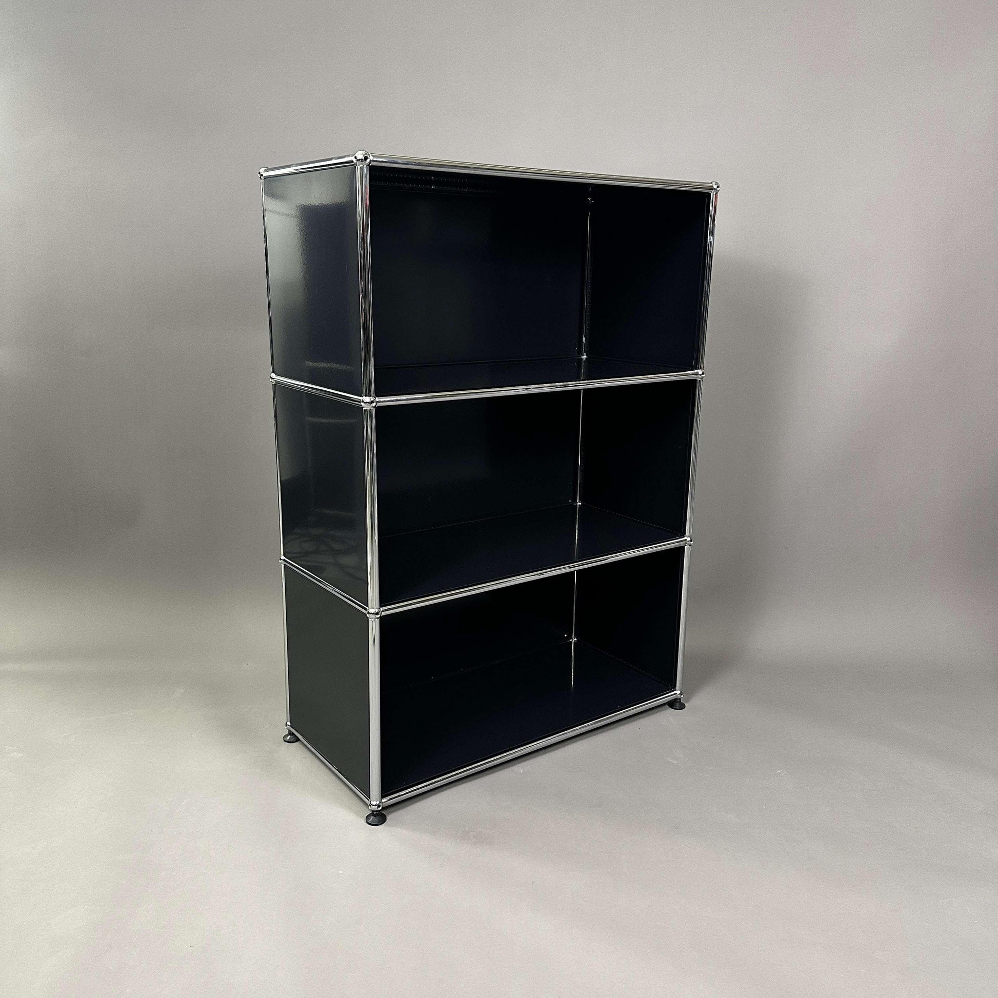 USM Haller Highboard in graphite black with 1x3 open shelves and chrome frame