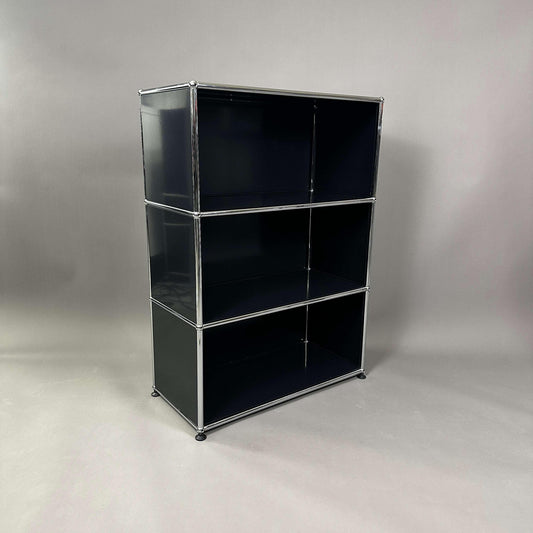 USM Haller Highboard in graphite black with 1x3 open shelves and chrome frame
