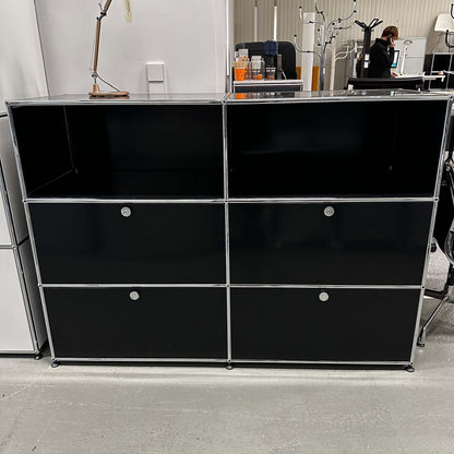 Black USM Haller highboard with 4 drawers and 2 open compartments, 152x110x52cm.