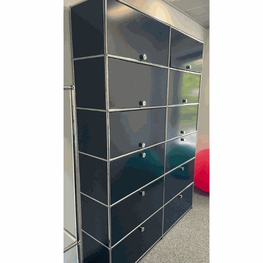 USM Haller Highboard in steel blue with 6 flap doors and 6 sliding doors measuring 214x109x38cm