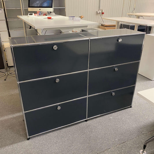 Anthracite USM Haller Highboard with six compartments and chrome accents, measuring 152x109x37cm in modern office setting