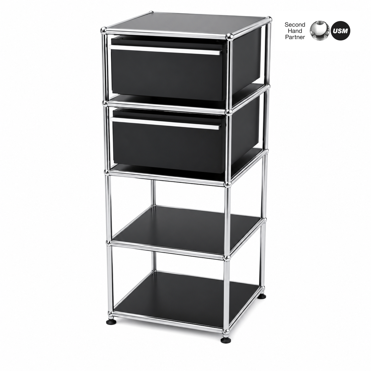 USM Haller Kaffeebar/Standcontainer in graphitschwarz mit zwei Auszügen und Chromgestell.