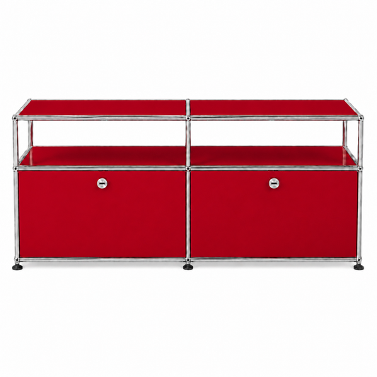 USM Haller Lowboard in Rubinrot mit zwei Klappen und verchromtem Stahlrohrrahmen, 57x153x38 cm.