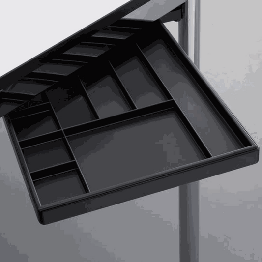 USM Haller Materialschwenkarm black under-desk organizer tray with multiple compartments for office supplies