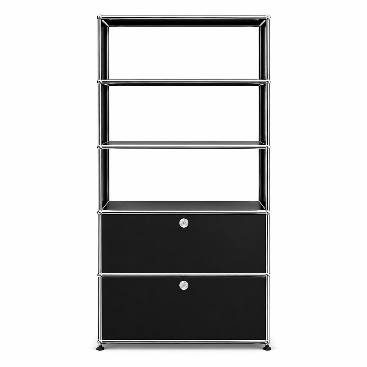 USM Haller Regal 1x5 in Graphitschwarz mit zwei abschließbaren Klappen und verchromtem Stahlrohrrahmen.
