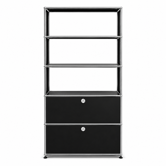 USM Haller Regal 1x5 in Graphitschwarz mit zwei abschließbaren Klappen und verchromtem Stahlrohrrahmen.