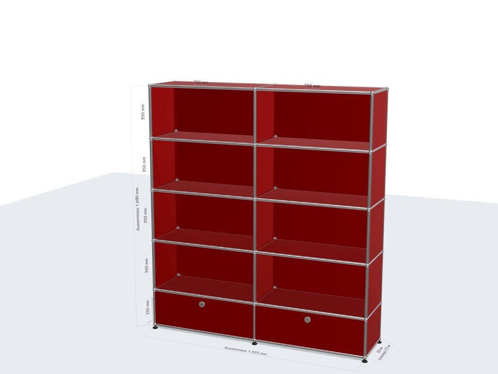 USM Haller Regal red 35cm deep shelf with 2 flaps and 8 open compartments on lockable caster wheels