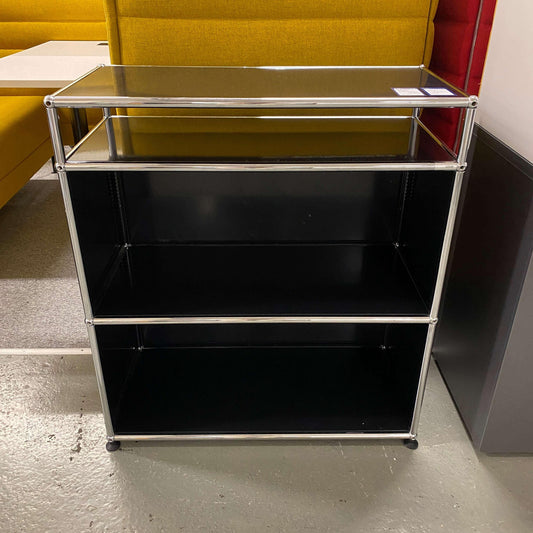 Black USM Haller Regal 1x3 shelving unit with chrome frame and three shelves