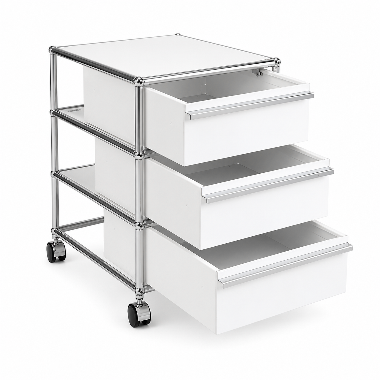 USM Haller Rollcontainer mit 3 reinweißen Schubladen, Chromgestell und Rollen.