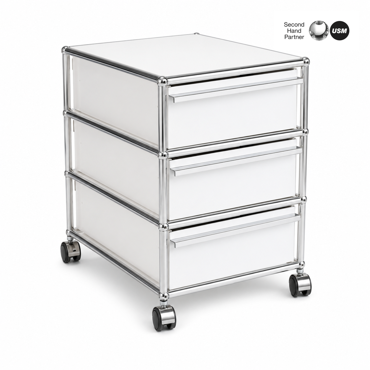 USM Haller Rollcontainer reinweiß mit 3 Schubladen, Chromgestell und Rollen.