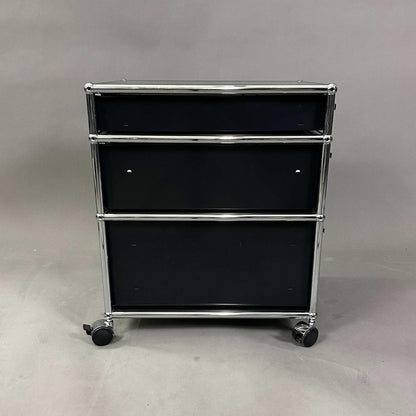 USM Haller Rollcontainer black with three drawers and chrome frame on wheels, 42x61x53 cm