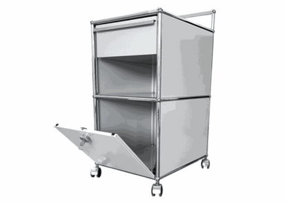 USM Haller Rollcontainer in light gray with chrome frame and casters, featuring an open lower compartment and a closed drawer.