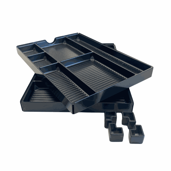 USM Haller Schublade black plastic material insert organizer for drawers with compartments and corner clips