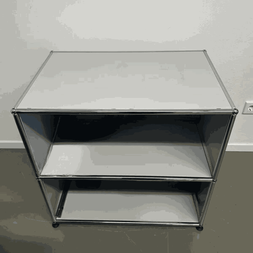 USM Haller sideboard in light gray with two open shelves, 77x76x52cm dimensions