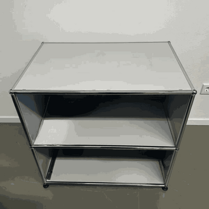 USM Haller sideboard in light gray with two open shelves, 77x76x52cm dimensions