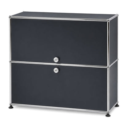 Anthrazitfarbenes USM Haller Sideboard 1x2 mit Einschubtür und Auszug, 78x74x38 cm, abschließbar mit verchromtem Stahlrahmen.