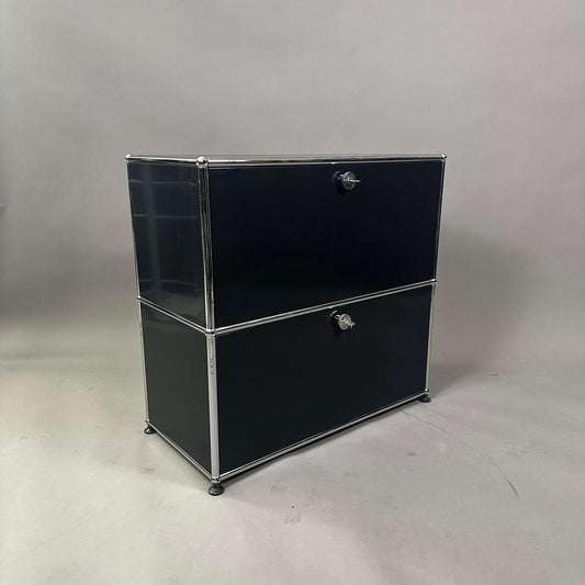 USM Haller Sideboard 1x2 in graphite black with 2 lockable flap doors and chrome frame