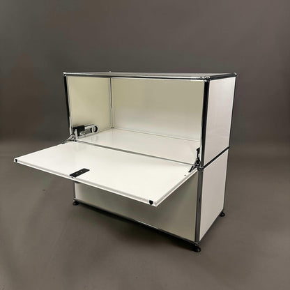 USM Haller white sideboard with two drop-down doors and chrome frame, dimensions 78x74x38 cm