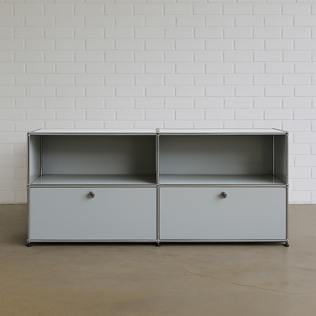USM Haller Sideboard 2x2 light gray with two drawers and hanging file compartments against white brick wall