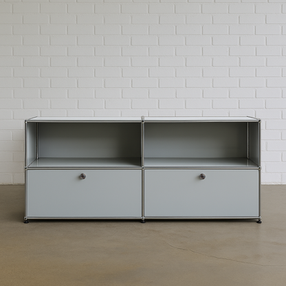 USM Haller Sideboard 2x2 light gray with two drawers and hanging file compartments against white brick wall